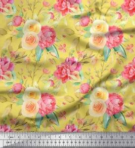 Soimoi Yellow Rayon Fabric Leaves & Ranunculus Floral Print Fabric-tpb