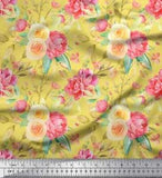Soimoi Yellow Rayon Fabric Leaves & Ranunculus Floral Print Fabric-tpb