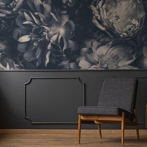 Vintage bluish wallpaper with peony flowers || peel and stick botanical wall mural