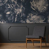 Vintage bluish wallpaper with peony flowers || peel and stick botanical wall mural