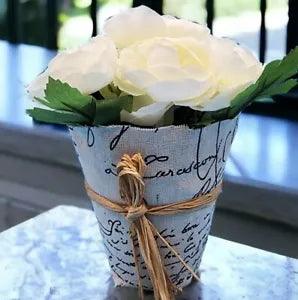 Peony Faux Floral Natural Linen Paris Themed Covered Pot 6 inch French Country
