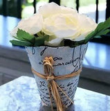 Peony Faux Floral Natural Linen Paris Themed Covered Pot 6 inch French Country