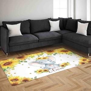 Baby Elephant Nursery Rug, Sunflower Animal Carpet, Custom Nursery Mat, Sunflowers Room Decor, Kids Playroom Mat, Floral Baby Shower Gift