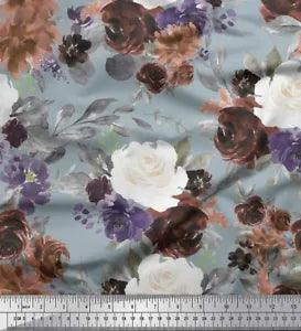 Soimoi Grey Velvet Fabric Leaves & Peony Floral Fabric Prints By-SXL