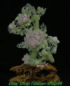 21'' China Natural Xiu Green Pink Jade Carve Peony Flower Bird Animal Statue