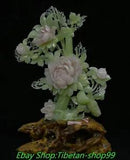 21'' China Natural Xiu Green Pink Jade Carve Peony Flower Bird Animal Statue