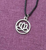 Lotus Water Lily Flower Padma Round Silver Pendant Cord Necklace