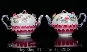 4.8"Qianlong Marked China Famile Rose Porcelain Dynasty Peony Flower Teapot Pair