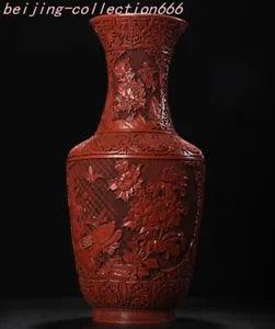 19" old Chinese dynasty palace Lacquerware wood peony flower bottle Zun vase pot