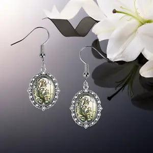 Art Nouveau Easter Lily Stained Glass Small or Large Oval Silver Dangle Earrings