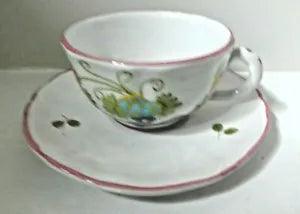 Italy Cantagalli Carnation Pink Flowers Faience Teacup & Saucer Several Avail