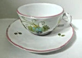 Italy Cantagalli Carnation Pink Flowers Faience Teacup & Saucer Several Avail