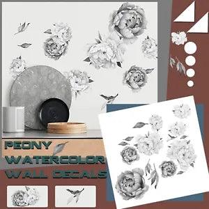 Peony Watercolor Wall Decals (Black And White Watercolor) - Peony Decor Flowers