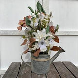Rustic watering can tin Centerpiece with dusty mauve Cosmos, white Lilies & Dogwood blossoms with Pussy Willow and Baby's breath filler