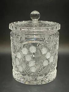 Lidded Glass Candy Biscuit Jar Etched Lily of the Valley Scalloped Rim