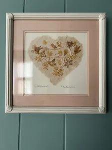 1990 SIGNED Art Dried Pressed Wildflowers Collage Wood Frame Heart