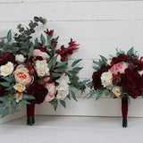 Burgundy ivory blush pink flowers Bridal bouquet Faux bouquet Blue thistle Wedding silk flowers Boho wedding