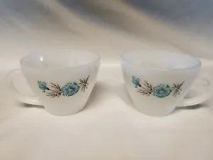 Vintage Set 2 Fire King Oven Ware Milk Glass Coffee Tea Cup Mug Carnation Flower