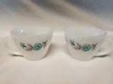 Vintage Set 2 Fire King Oven Ware Milk Glass Coffee Tea Cup Mug Carnation Flower
