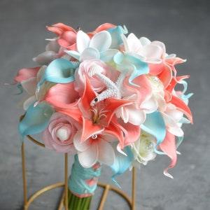 Coral Aqua Beach Bouquets, Faux Blue Real Touch Calla Lilies, Plumerias Roses, Shells, Starfishes Wedding, Bridesmaid bouquets, Boutonnieres