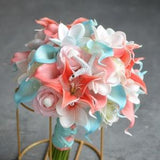 Coral Aqua Beach Bouquets, Faux Blue Real Touch Calla Lilies, Plumerias Roses, Shells, Starfishes Wedding, Bridesmaid bouquets, Boutonnieres