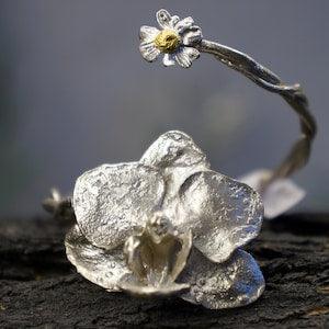 Arm cuff bracelet for women. Real Orchid and Chamomile Cuff Bracelet at sterling recycled silver and every delicate vein can be seen