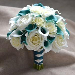 Teal Bridal Bouquet, Real Touch Calla Lilies, Ivory Roses, Artificial Flowers Wedding Bouquet, Faux Flowers Bouquet, Silk Bridal Bouquet