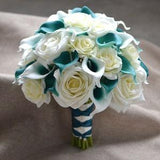 Teal Bridal Bouquet, Real Touch Calla Lilies, Ivory Roses, Artificial Flowers Wedding Bouquet, Faux Flowers Bouquet, Silk Bridal Bouquet