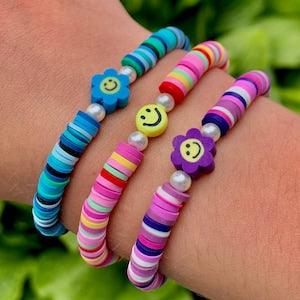 Clay Disk Beaded Bracelets or Anklets | Smile Face | Summer Jewelry | Sunflower Smile Face | Preppy | Beach