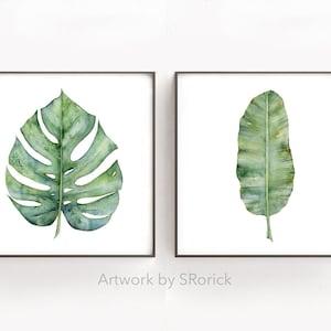 Set of 2 Prints, Square Format, Plant Watercolor Painting Botanical Leaf Artwork, Greenery Wall Decor for Living Room, Dining Room Wall Art