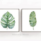 Set of 2 Prints, Square Format, Plant Watercolor Painting Botanical Leaf Artwork, Greenery Wall Decor for Living Room, Dining Room Wall Art