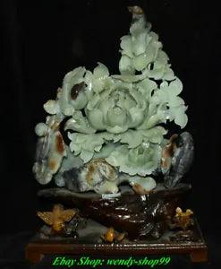 18" Natural Xiu Green Jade Carve Peony Flower Bird Ganoderma lucidum RuYi Statue
