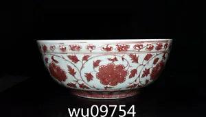 16.8" Chinese antique Ming Dynasty Hong Wu Underglaze red Peony flowers Big bowl