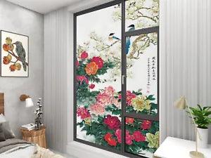 Peony and peacock window film with colorful floral design on room glass