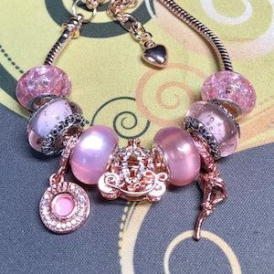 Charm bracelet Pandora like, PRINCESS carriage with dangle rose and extra bling ICED, murano beads, Rose gold, gift for her