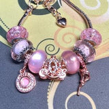 Charm bracelet Pandora like, PRINCESS carriage with dangle rose and extra bling ICED, murano beads, Rose gold, gift for her