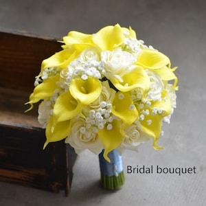 Yellow Wedding Bouquets, White rose Bridal Bouquets, Spring Wedding Bouquets,  Bridesmaids Bouquets Yellow calla Yello Ivory