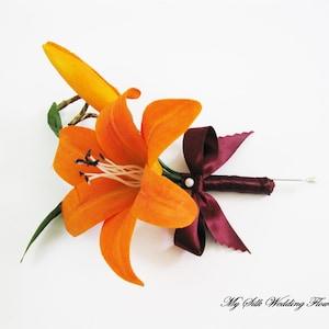 Orange Lily Boutonniere, Orange Lily Corsage, Star Flower Corsage, Orange Bout, Wedding, Prom, Dance, Choose your Ribbon