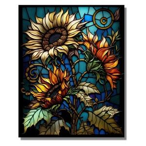Sunflower Stained Glass Wall Painting Window Wall Hangings Panel Gift, Stain Glass Flower Art, Home&Office Glass Wall Art Work Decor Floral