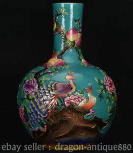 19.2"Old China Qianlong Marked Colour Enamel Porcelain Peacock Peony Flower Vase