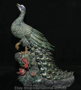 16" Rare Old China Wucai Porcelain Feng Shui Peacock Peony Flower Sculpture