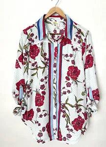 Anthropologie Fig and Flower Carnations Long Sleeve Button Up Top Sz L Roll Tab