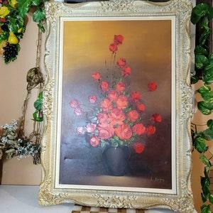 Oil Painting, Wall Hanging,Large, Framed, Signed, Vintage, Wood Frame, Red Roses, Rose Bouquet, Vase, Wall Decor, Home Decor,