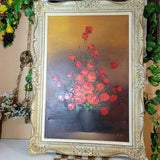 Oil Painting, Wall Hanging,Large, Framed, Signed, Vintage, Wood Frame, Red Roses, Rose Bouquet, Vase, Wall Decor, Home Decor,