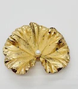 Vtg Napier Sterling Silver Gold Tone Lily Pad Faux Pearl Pin Brooch