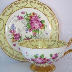 TEACUP AND SAUCER~ Fine Porcelain~ Regency~ Vintage Coffee tea service~ Yellow~ Pink Roses bouquet~ Home and Living decor~ Gift