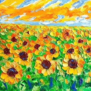 sunflowers painting flower original art impasto oil painting field floral sunset landscape wildflower meadow small 8x8 canvas by IrinaOilArt