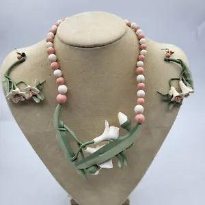 Calla Lily Necklace Pierced Earring Set Handmade Clay Polymer Marked HEF 88 VTG