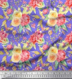 Soimoi Purple Cotton Poplin Fabric Leaves & Ranunculus Floral Printed-Xei