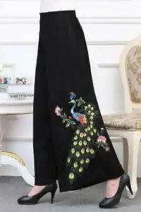 Women's Retro Chinese Flowers Pants Loose Wide Leg Embroidery National Trousers